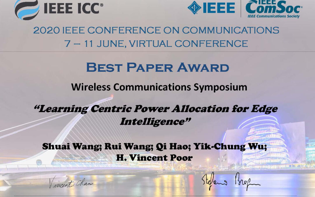 Dr. Y.C. Wu and his team received the ICC20 Best Paper Award